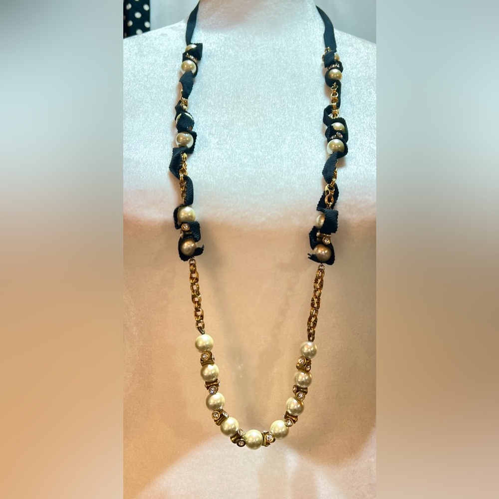 J. Crew Women's Ribbon-tied Long Pearl Crystal/Rhinestone Necklace - Picture 5 of 5